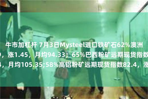 牛市加杠杆 7月3日Mysteel进口铁矿石62%澳洲粉矿远期现货指数95.9，涨1.45，月均94.33；65%巴西粉矿远期现货指数106.9，涨1.4，月均105.35;58%高铝粉矿远期现货指数82.4，涨1.05，月均81.15。（单位：美元/干吨）
